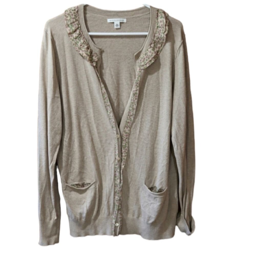 Banana Republic Tan Cardigan Sweater Floral Ruffle XL Wool Blend